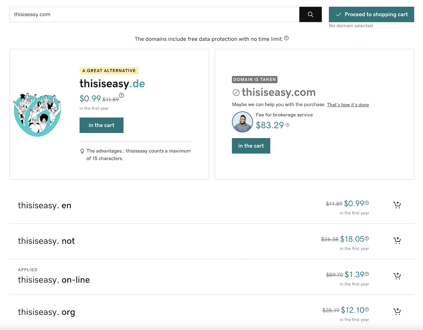 GoDaddy shows domain extension availability for “thisiseasy.com.” The company offers a low price option at $0.99 for the first year, then the option to try and buy the exact domain for $83.29. Below this is a list of other domain options at various prices, from $0.99 to $18.05.