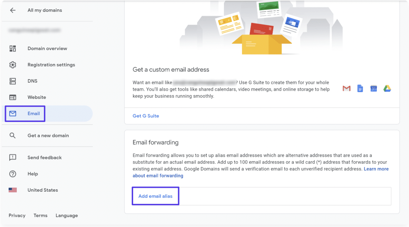 Google domains user menu with a left sidebar with a light gray background and dark gray text, and main body with a white background and gray text. The email tab in blue text shows Google offers email forwarding for up to 100 addresses and lets you add email aliases.