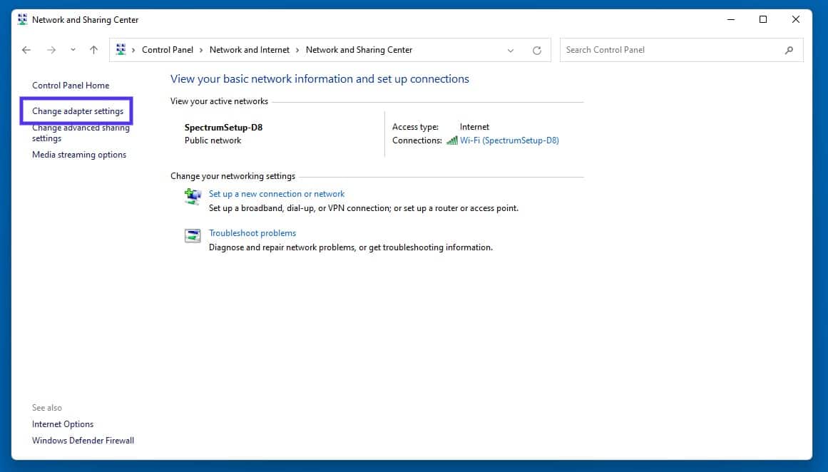 Change of Settings of the Adapter to Windows