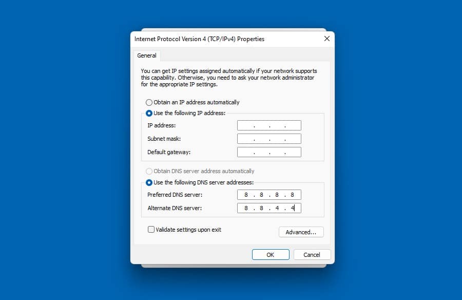 A screenshot that shows the properties of the Internet protocol