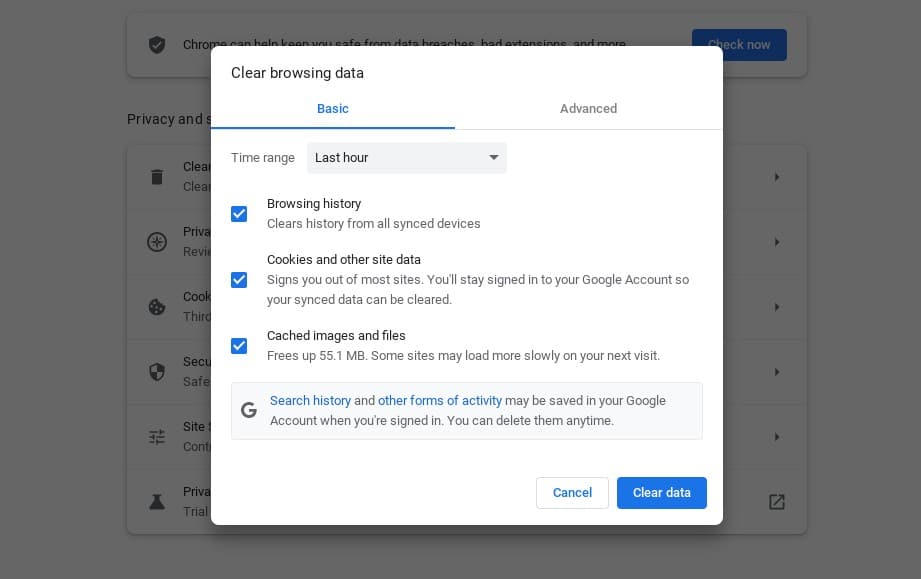 Open the clear navigation data window to Chrome
