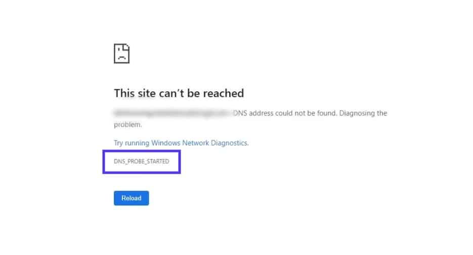 A screenshot of the DNS_PROBE_SARTED error message