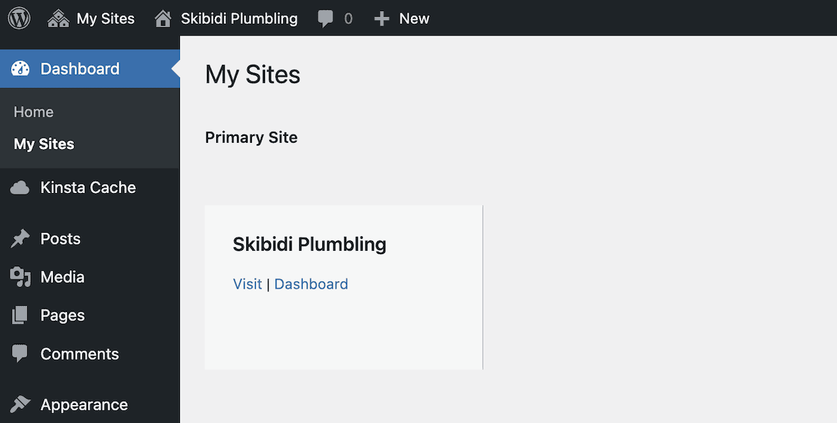 A WordPress multisite dashboard displaying