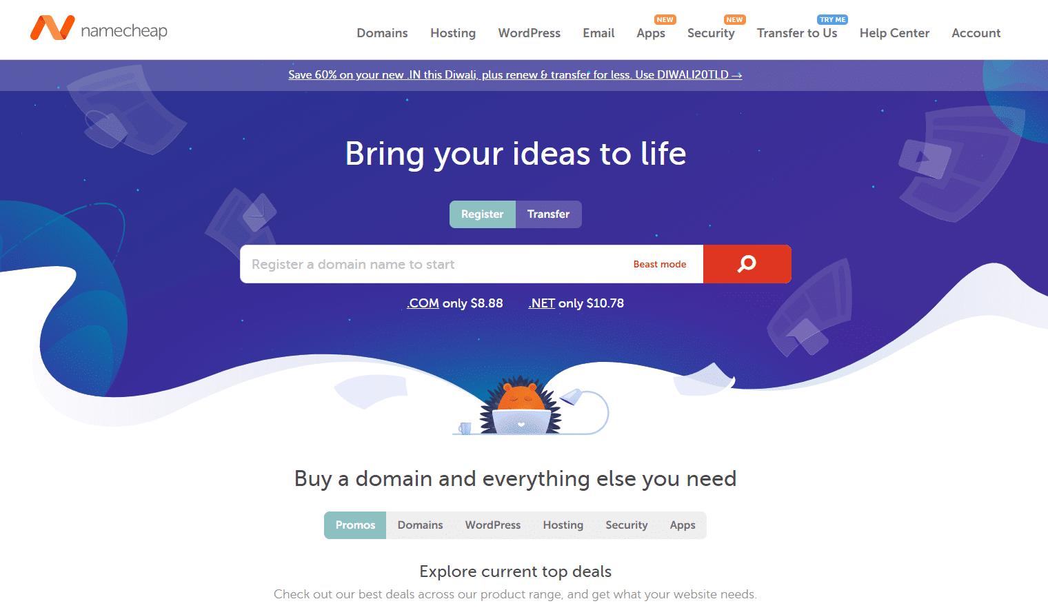 The Namecheap domain search page