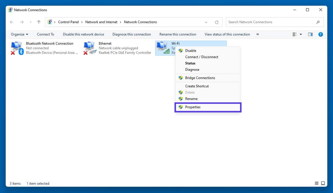 The properties of a network connection to Windows.