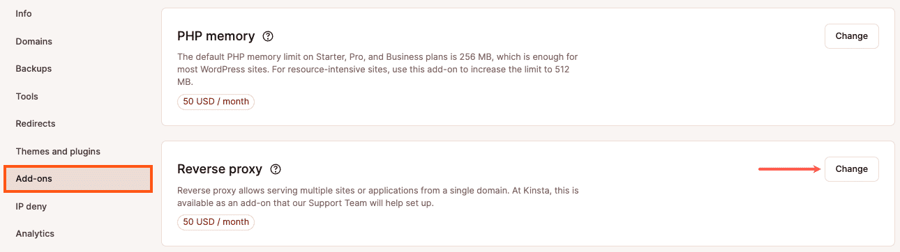 Screenshot showing the reverse proxy complement option in Mykinsta.