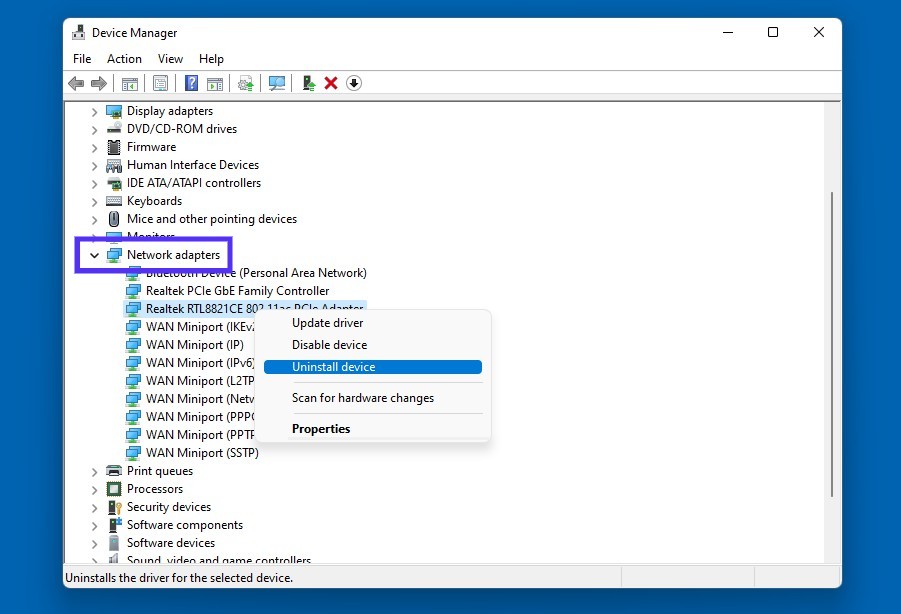 Uninstall a network adapter device in Windows